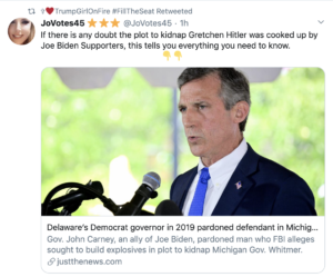Delaware’s Democrat governor in 2019 pardoned defendant in Michigan kidnap plot: Gov. John Carney, an ally of Joe Biden, pardoned man who FBI alleges sought to build explosives in plot to kidnap Michigan Gov. Whitmer. (t.co)